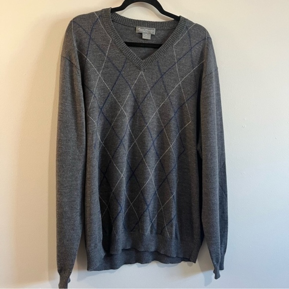 Daniel Cremieux Men’s Gray Multicolor Argyle 100% Wool V-Neck Pullover Sweater